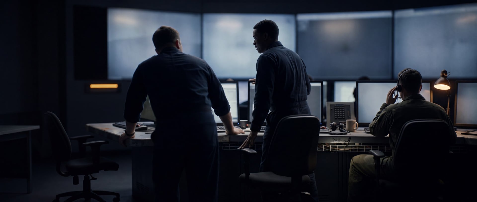 A command-and-control room at night, three operators at their consoles.
