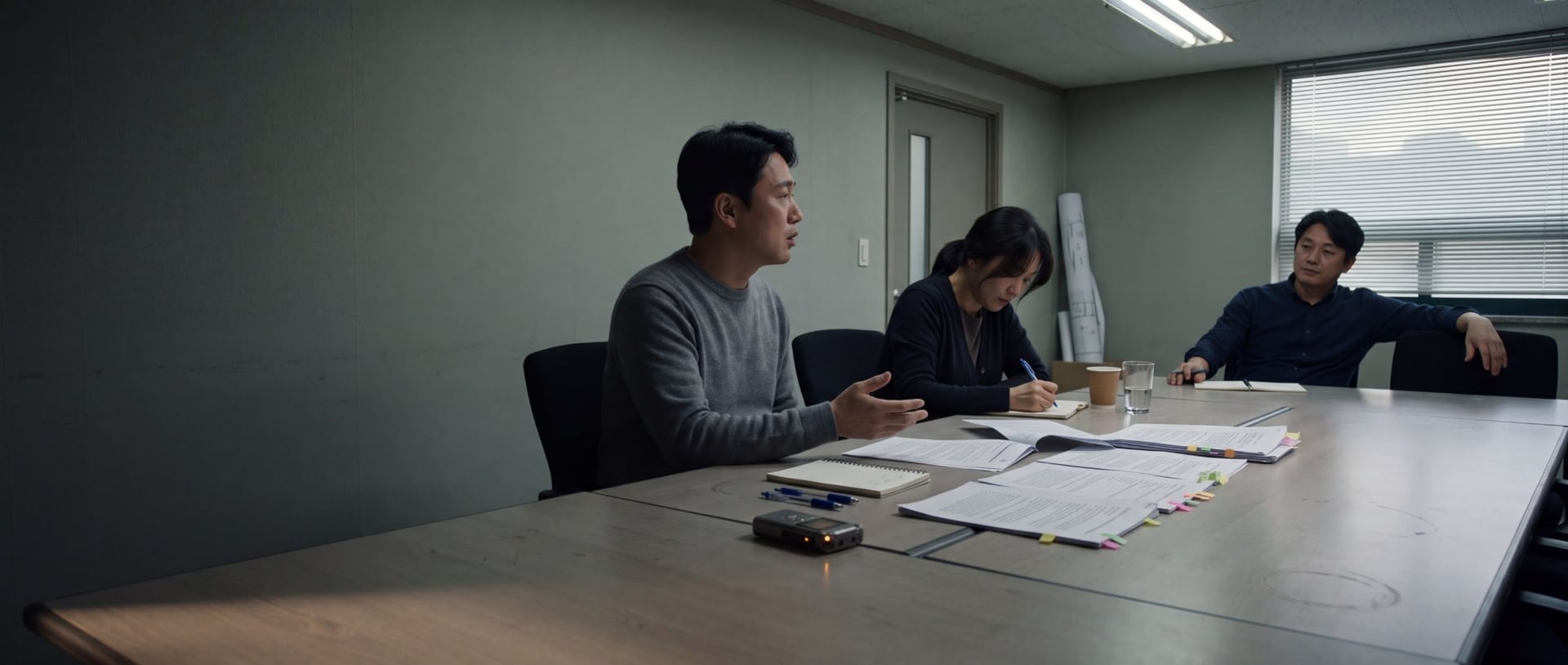 Three people working through printed documentation at a long table.